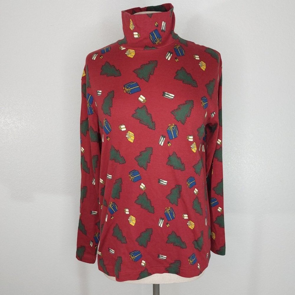 Lands End Womens Small 6-8 Christmas Tree Mock Neck Long Sleeve Top Maroon